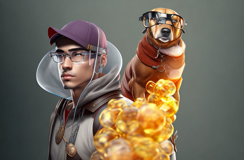 Young Man and Stylish Dog in Trendy Outfits with Golden Orbs