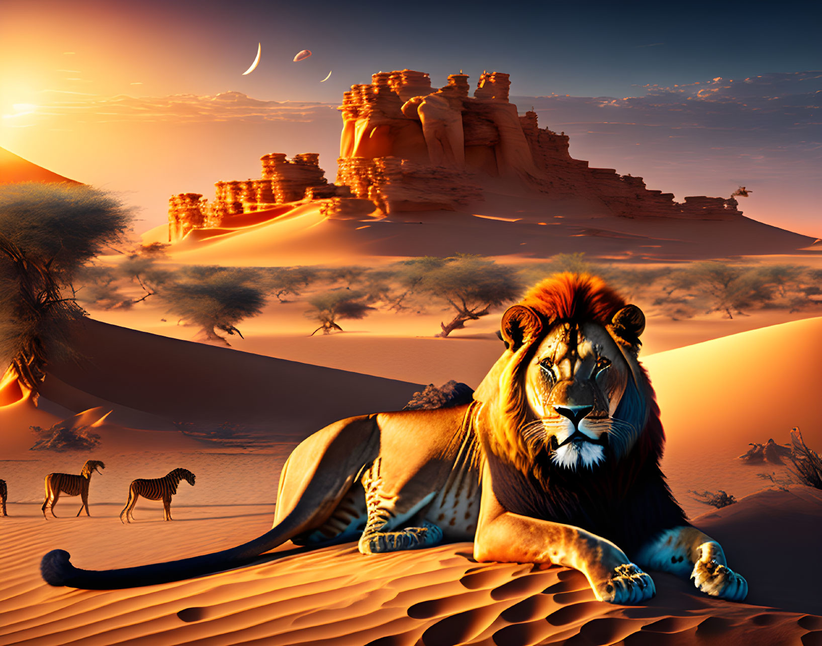 Lion resting on sand dune at sunset with camels and rock formations