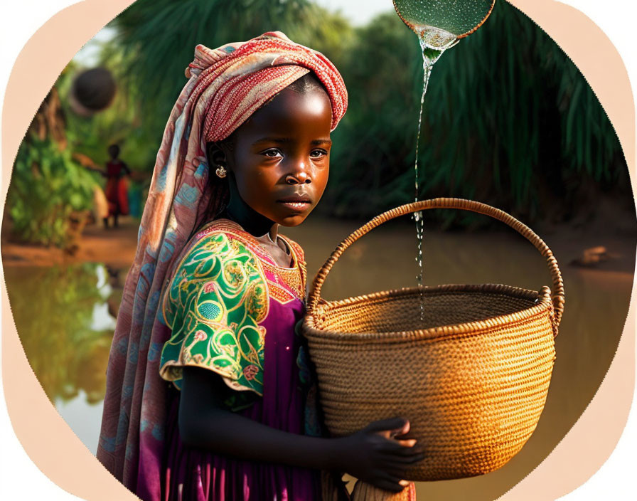 Traditional attired girl pouring water into a woven basket by the river