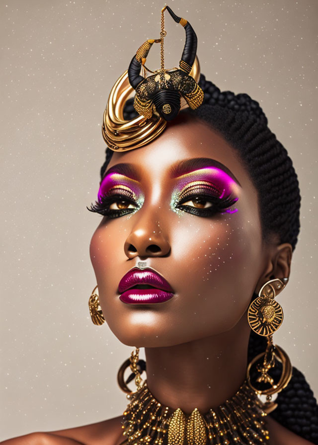 Vivid Purple Eyeshadow and Gold Jewelry on Woman