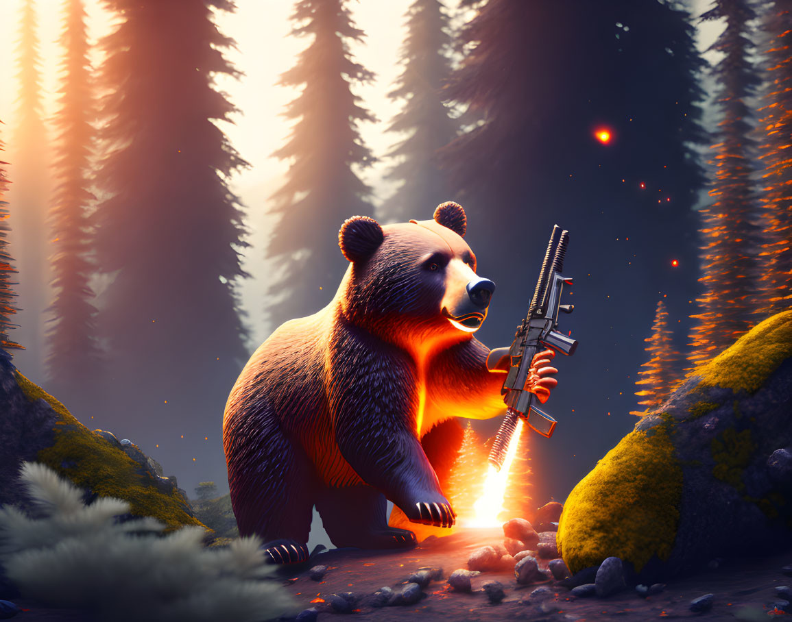 Anthropomorphic bear with gun in fiery forest at sunset/sunrise