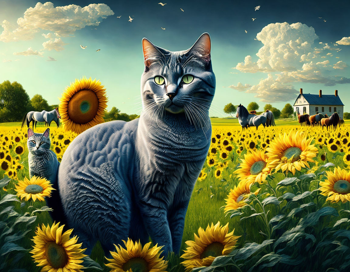 Surreal grey cat dominates sunflower landscape with smaller cats and quaint house under vibrant sky