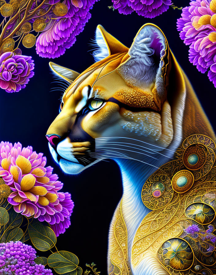 Stylized golden cougar with intricate patterns among vibrant purple flowers