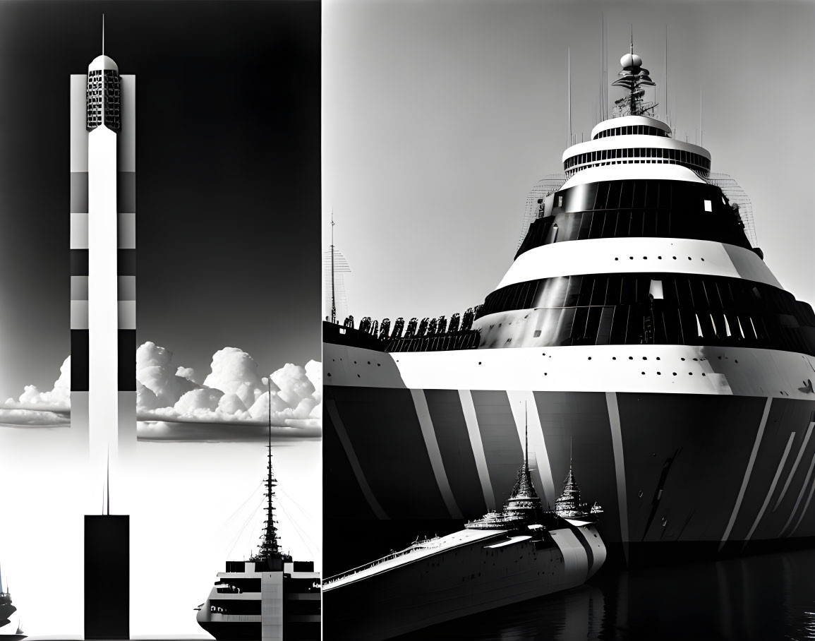 Monochrome artwork of cruise ship and lighthouse contrast