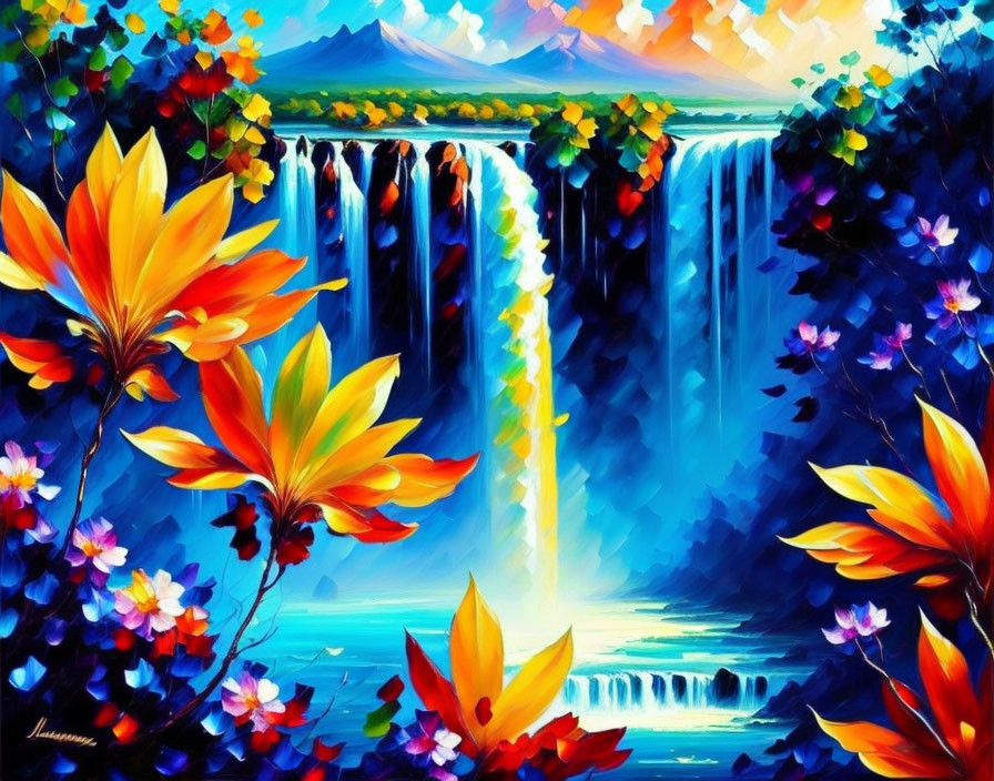 Colorful waterfall painting with lush flowers and blue sky