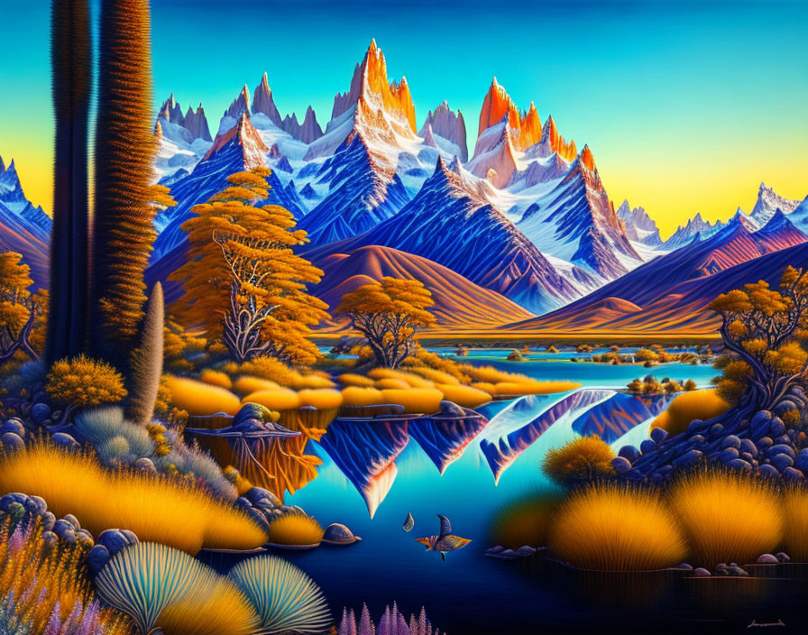 Serene river, autumn trees, snow-capped mountains in vibrant landscape