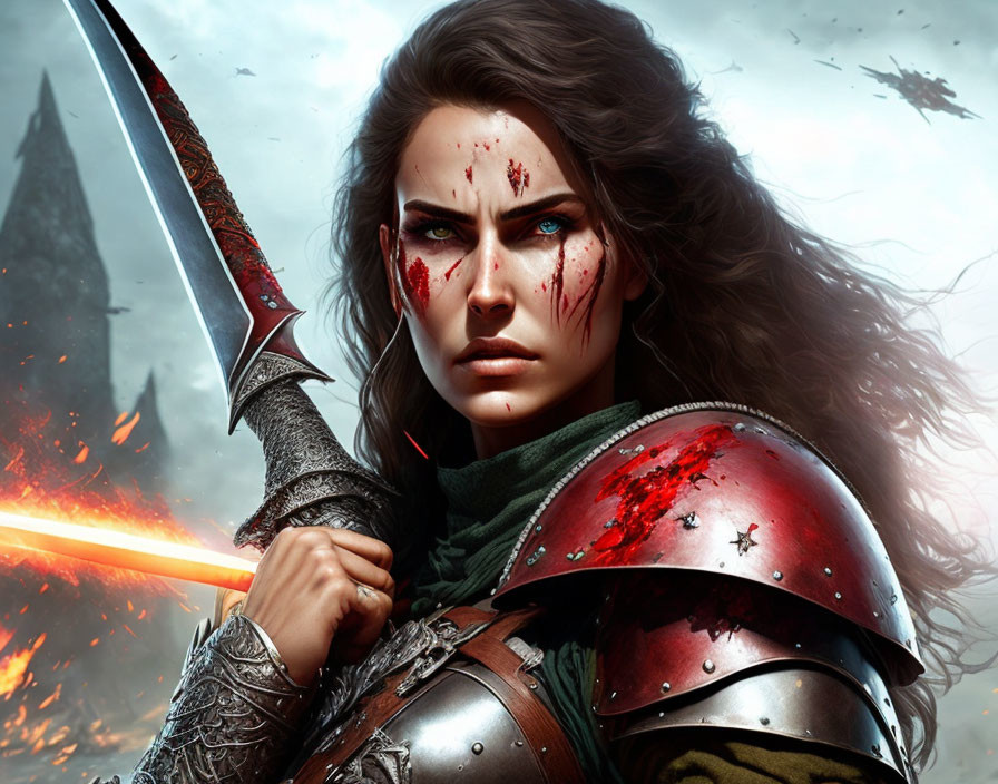 Female warrior with blood splatters, sword, battle-scarred armor, fiery battlefield