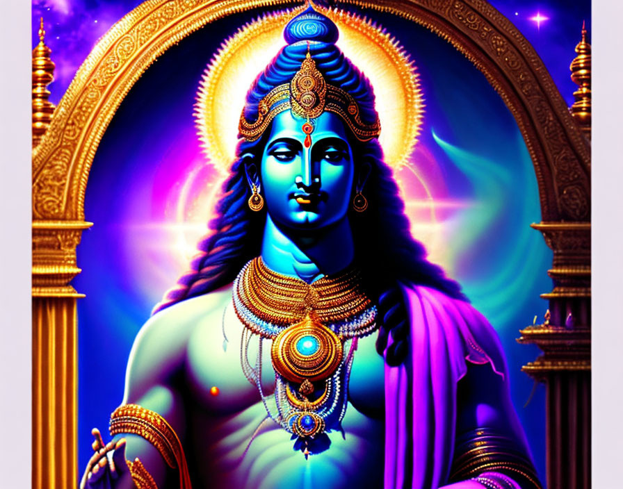 Blue-skinned deity with four arms in cosmic setting with golden temple gates.