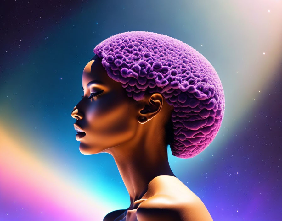 Stylized woman profile against cosmic background with colorful nebulae