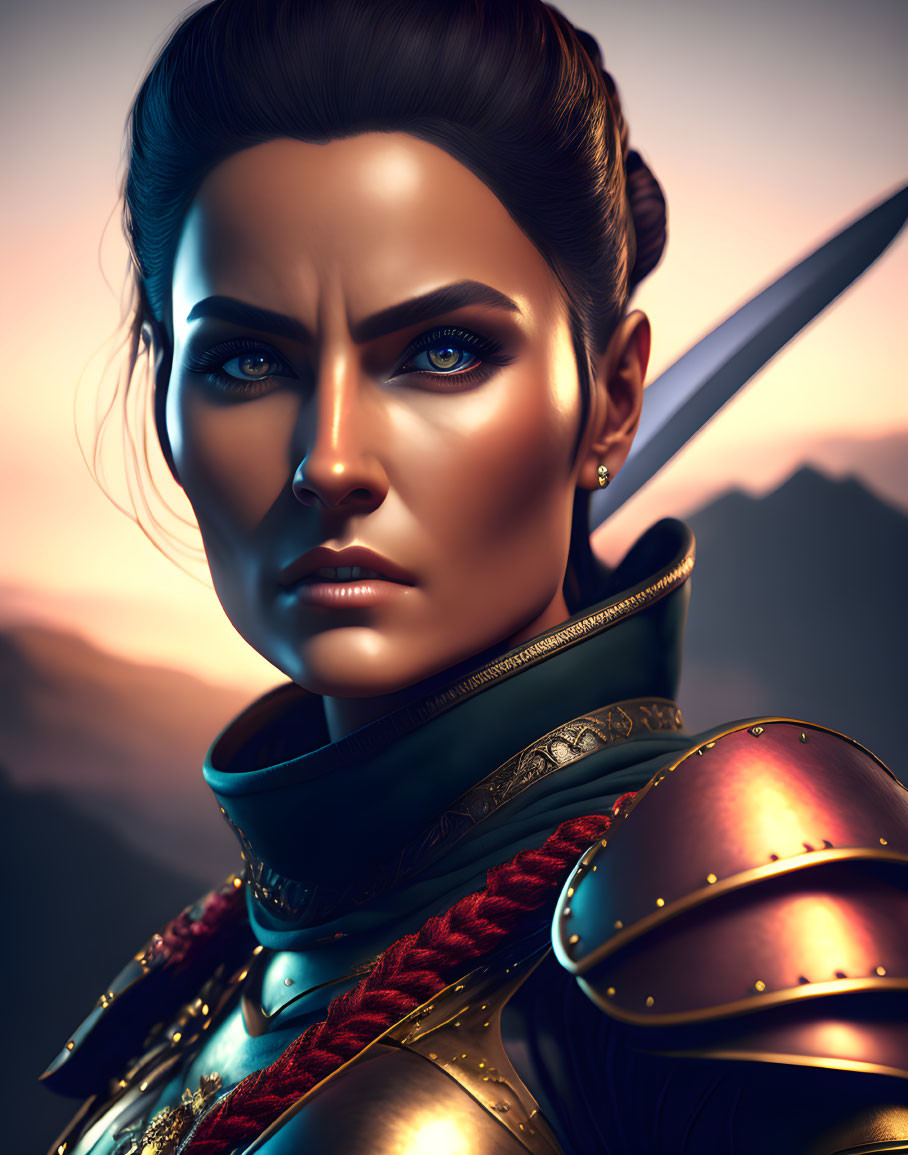 Digital artwork: Stern woman in detailed armor with sunset and mountains.