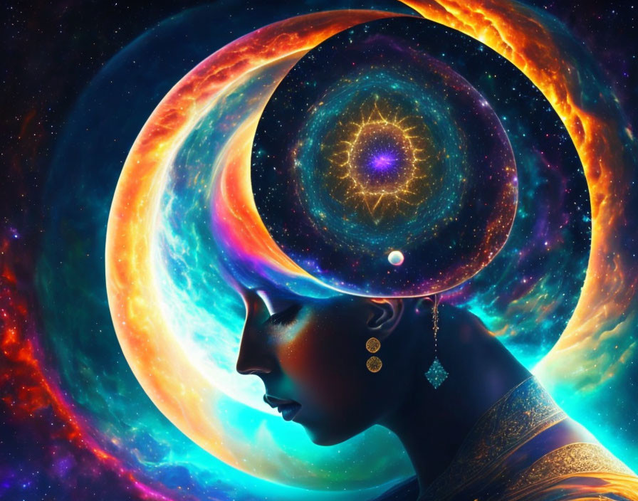 Colorful Cosmic Halo Surrounding Woman's Profile Artwork