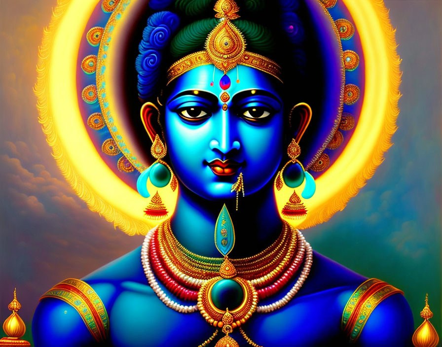 Colorful artwork of a multi-limbed figure with blue skin and traditional jewelry.