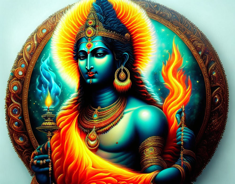 Blue Deity Artwork with Gold Jewelry and Fiery Object on Ornate Background