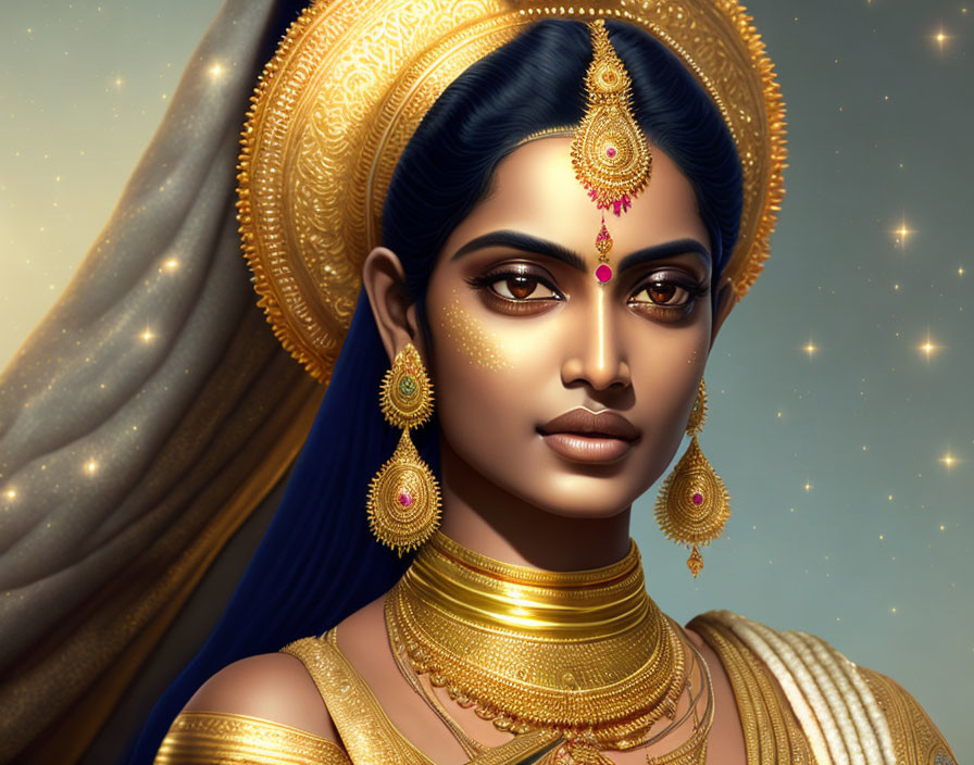 Traditional Indian Jewelry Adorns Woman in Illustrated Portrait