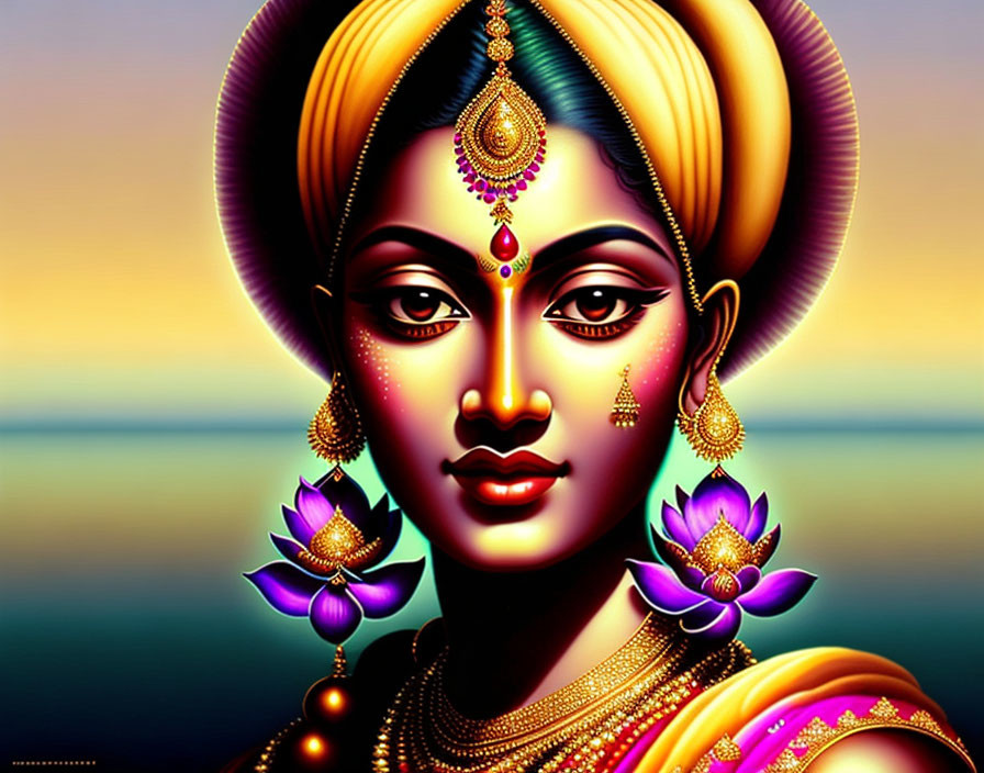 Traditional Indian goddess illustration with serene expression and golden jewelry at sunset.