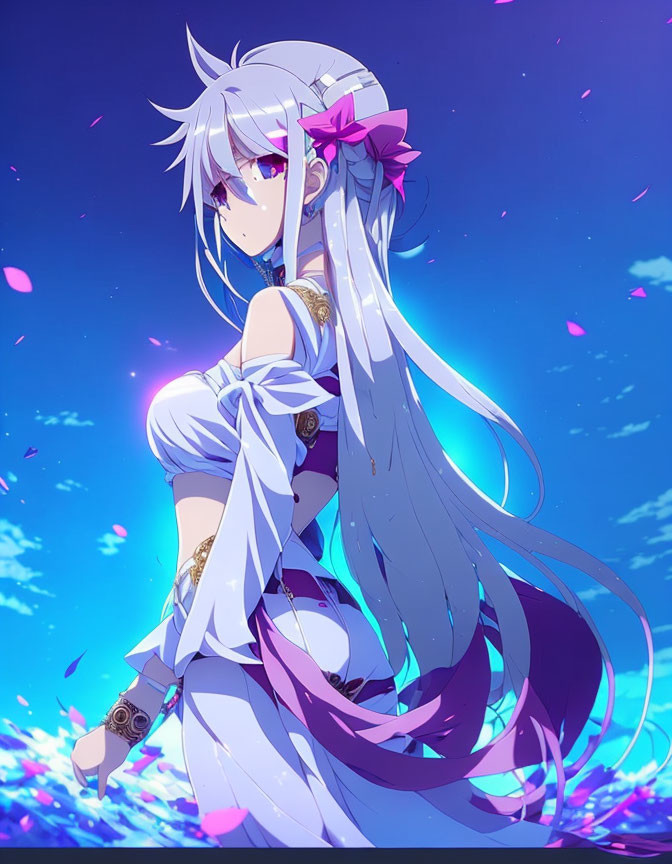 Silver-haired anime girl in white dress amid pink petals and blue sky