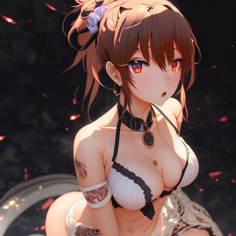 Red-eyed anime girl with brown hair in floral hair accessories, white top, choker, and falling