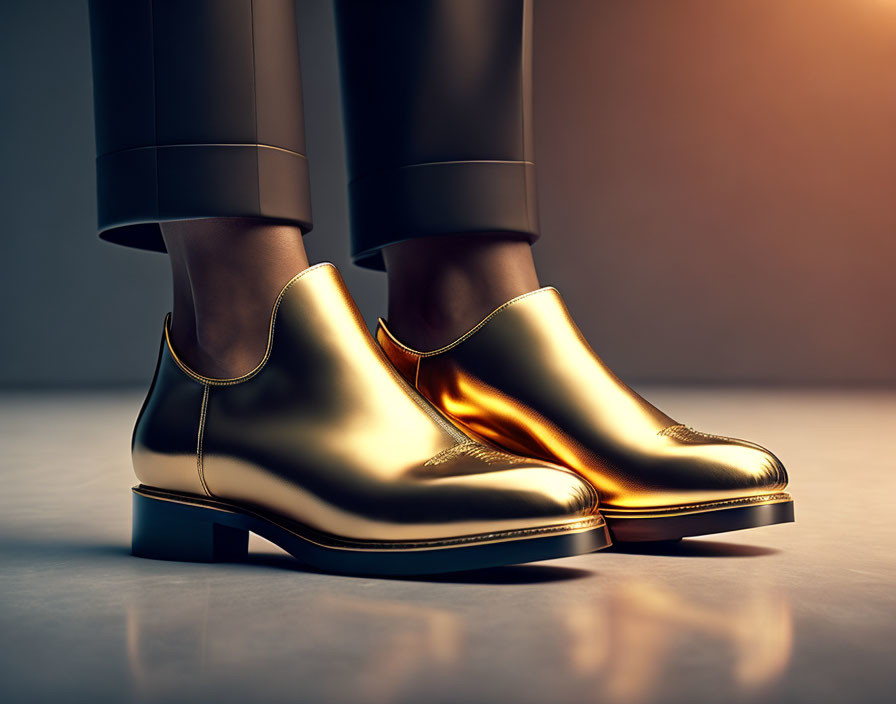 Shiny Golden Dress Shoes with Warm Backlight Glow