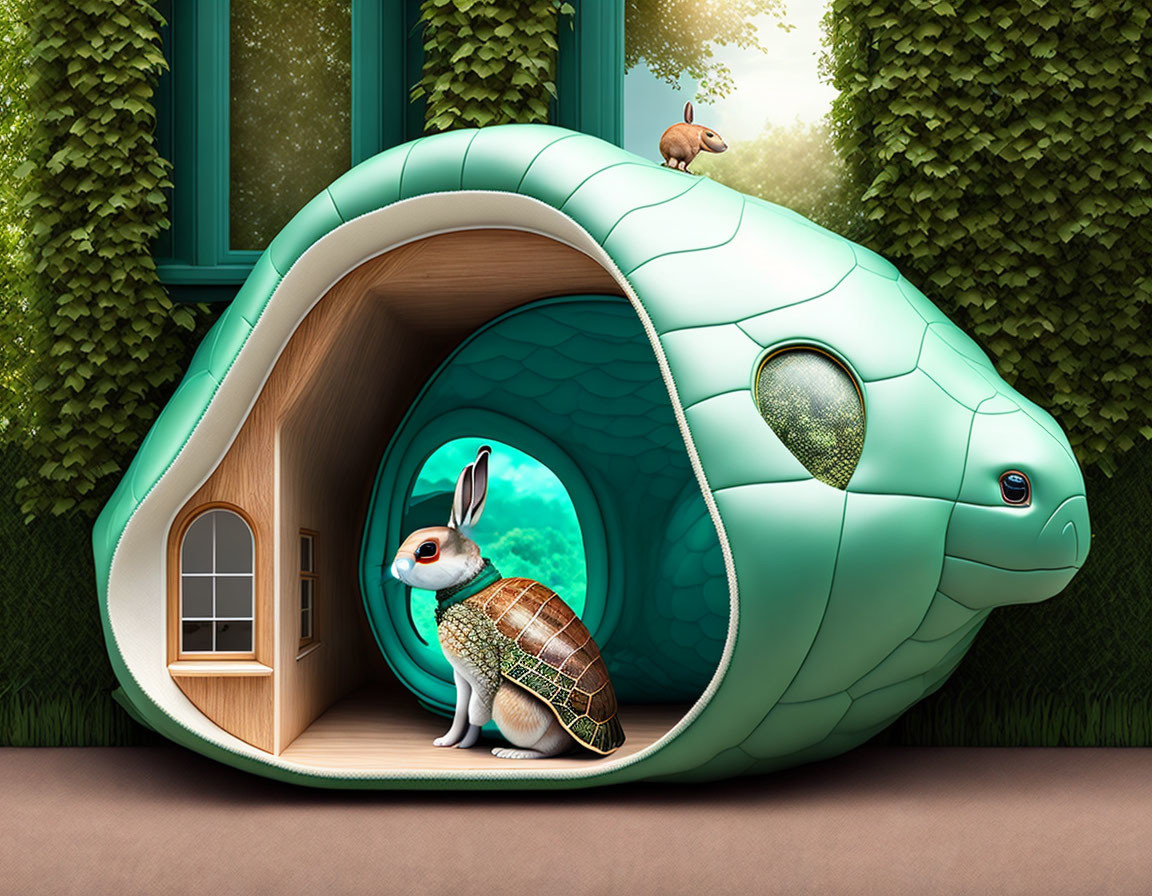 Whimsical bunny in turtle-shell house among greenery