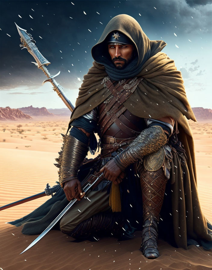 Menacing desert warrior in armor with spear under starry sky