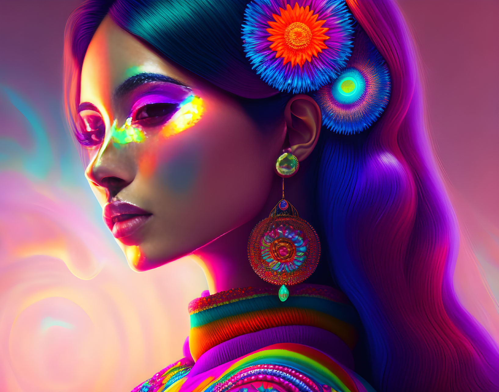 Colorful digital portrait of a woman with neon makeup and psychedelic patterns.