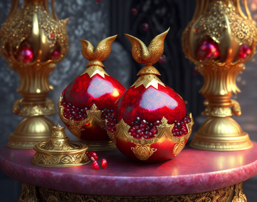 Golden and Red Pomegranate Ornaments and Pendants with Intricate Designs