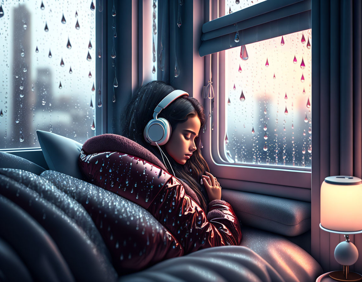 Person relaxing on couch near rainy window with headphones and lamp glow