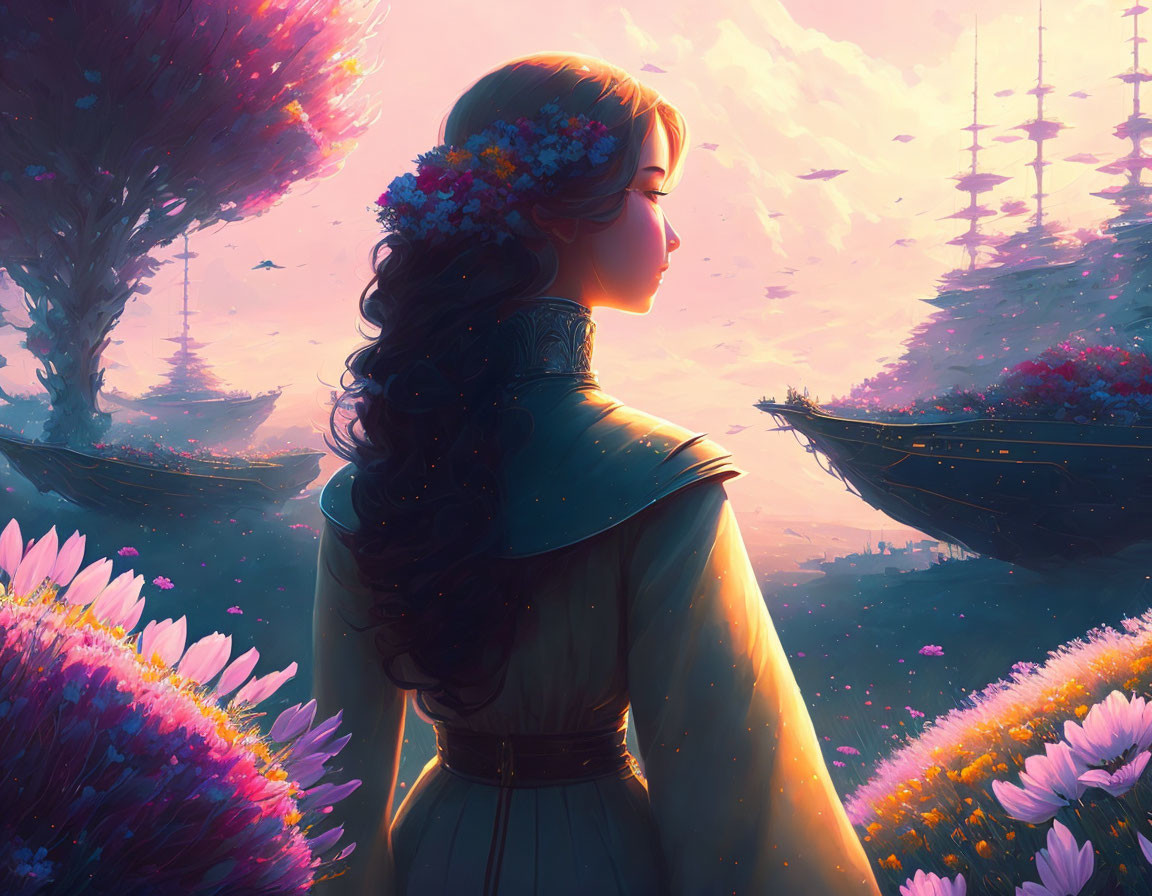 Woman with floral wreath gazing at sunset over mystical lake surrounded by trees and ships