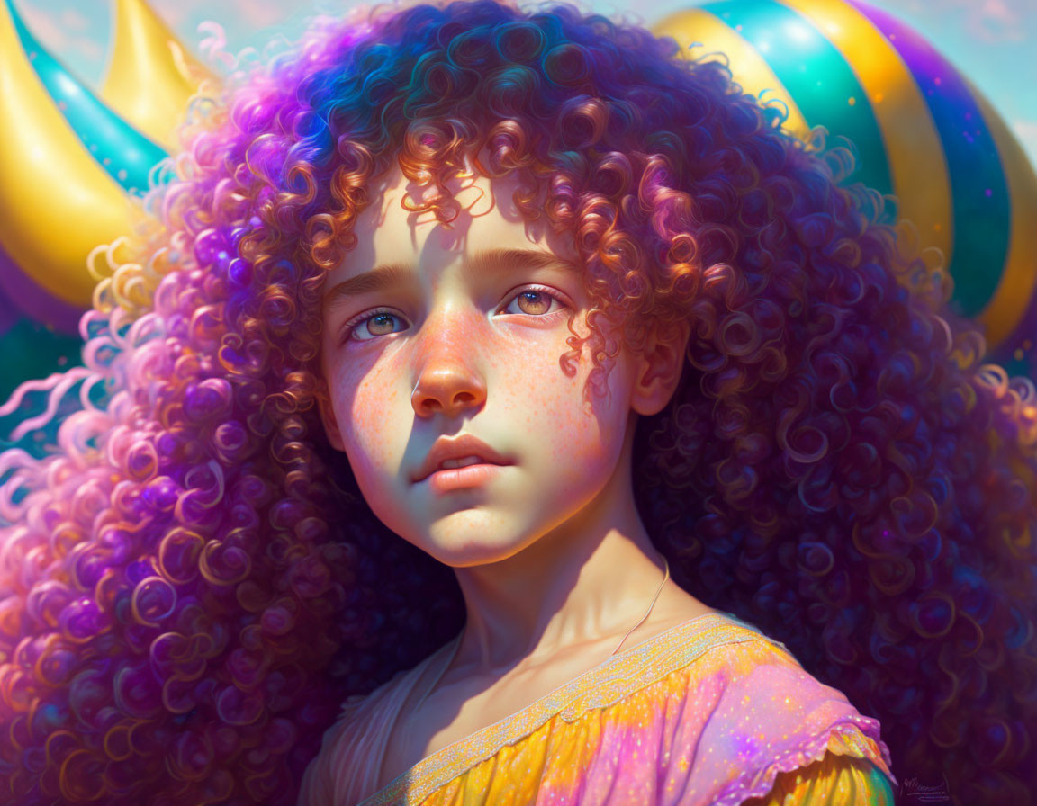 Young child with curly hair and balloons in warm light