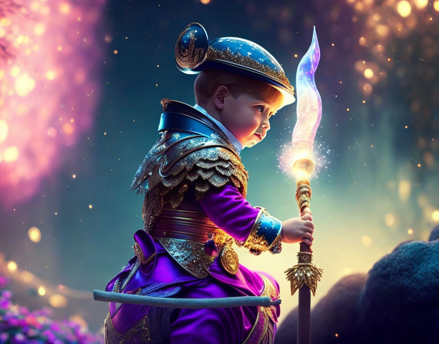 Young child in fantasy armor with glowing staff in magical setting