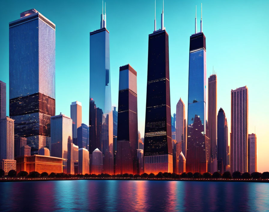 Modern city skyline with towering skyscrapers at sunset reflected on water.