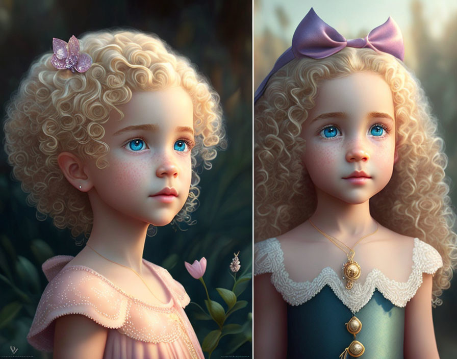 Young girl with curly blonde hair and blue eyes in pink and green dresses with a bow