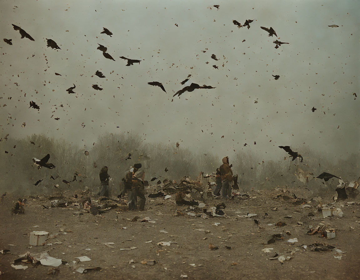 People surrounded by flying birds in a dusty, debris-filled landscape