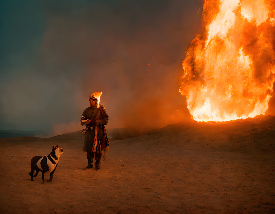 Historical figure with dog gazes at towering inferno in dramatic landscape