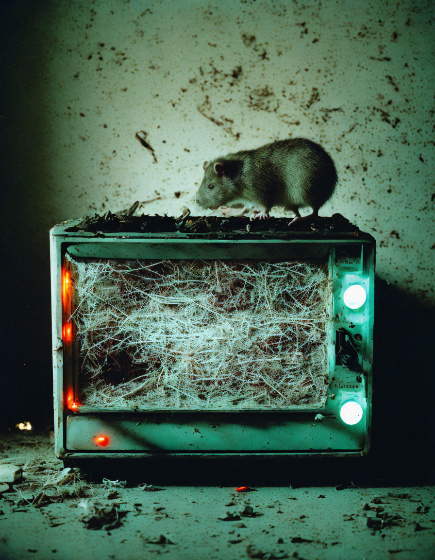 Rat on cobweb-covered TV in dimly lit room