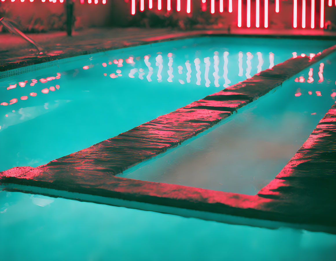 Empty Swimming Pool Illuminated by Blue and Red Lights at Night