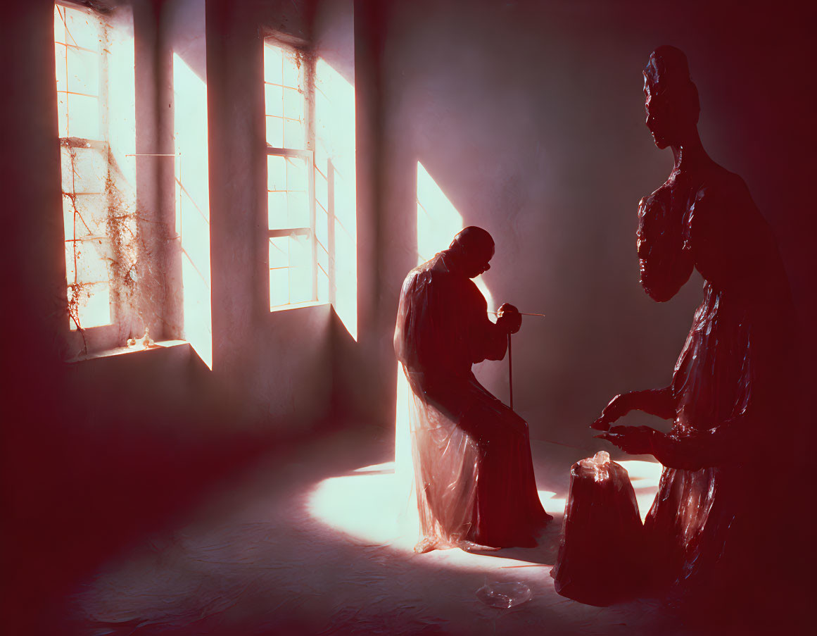 Silhouetted figures in dim room with soft light glow