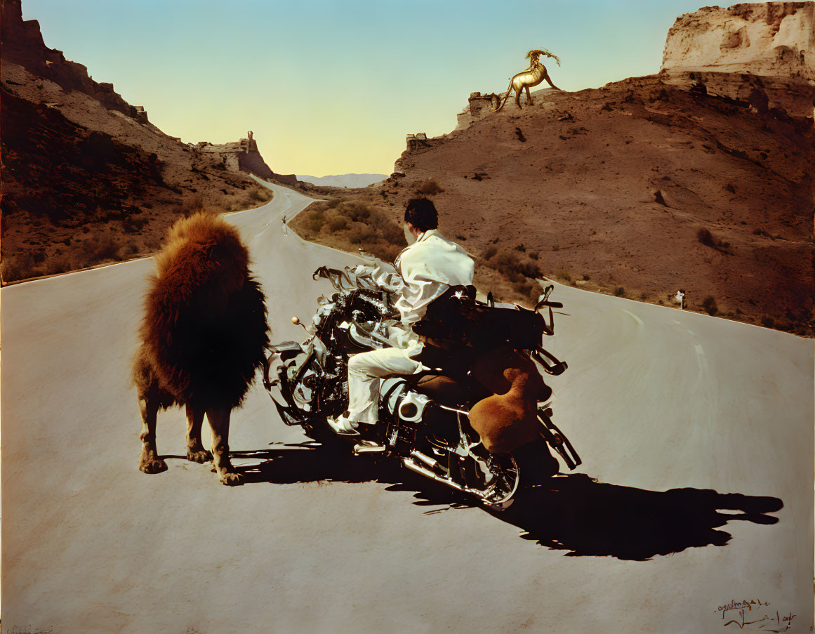 Surreal desert road with motorcycle, bison, and horse