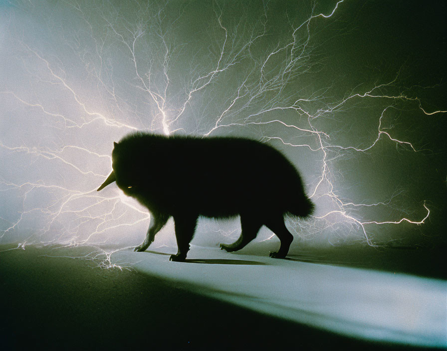 Fluffy animal silhouette with lightning strikes contrast