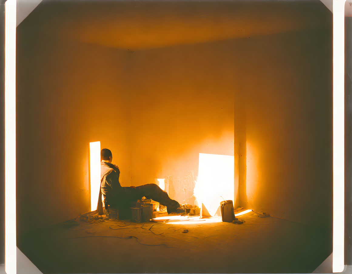 Person in Dimly Lit Room Surrounded by Scattered Objects and Light Source