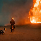 Historical figure with dog gazes at towering inferno in dramatic landscape