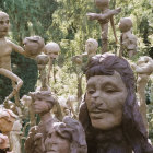 Large Head Sculpture with Acrobatic Figures in Green Foliage