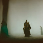 Three mysterious figures in elaborate costumes in somber foggy setting