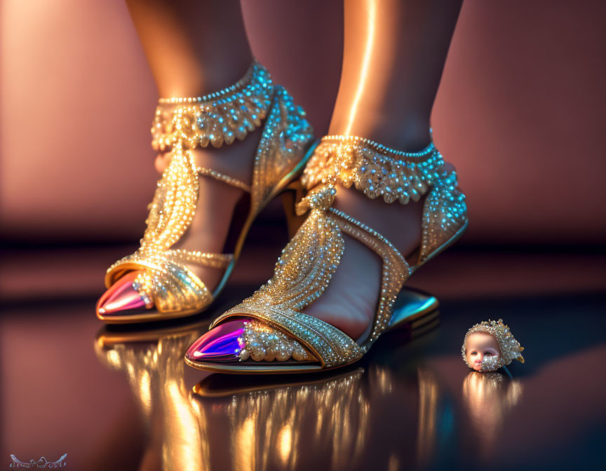 Ornate Bejeweled High-Heeled Sandals with Baby Figurine in Warm