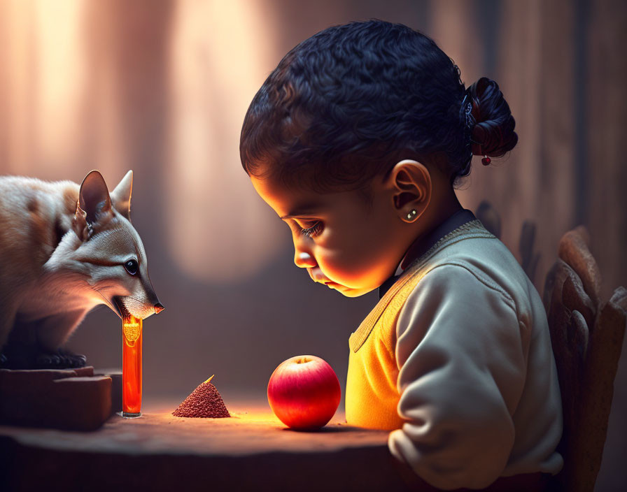 Child and fox observing glowing orange substance in tube on wooden table