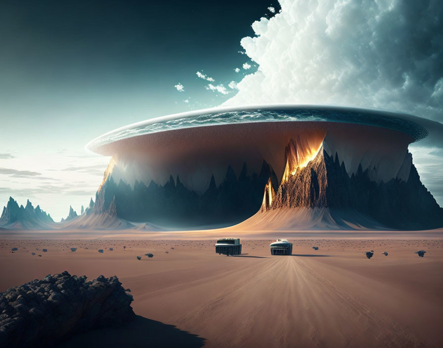 Giant mushroom cloud over desert with futuristic vehicles under surreal sky