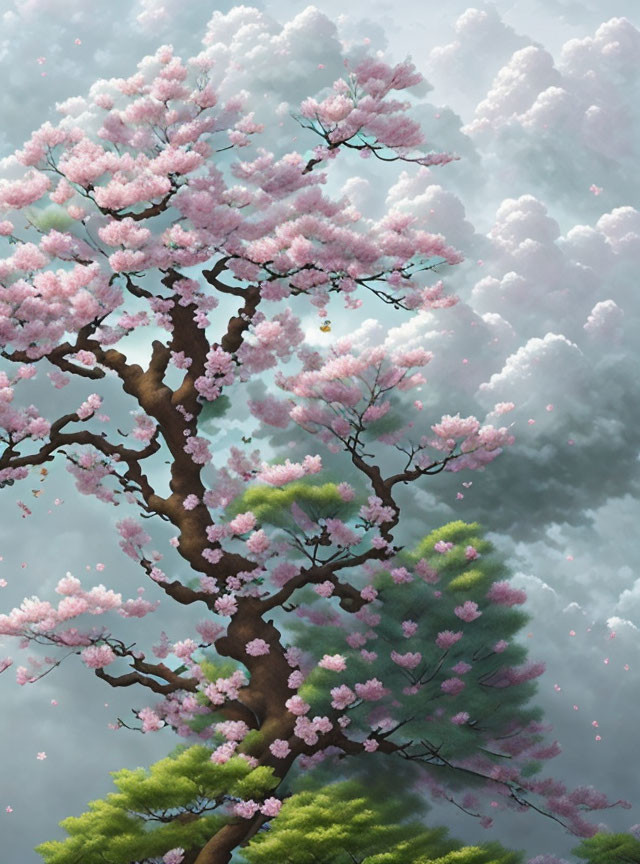 Pink cherry blossom tree in full bloom under cloudy sky