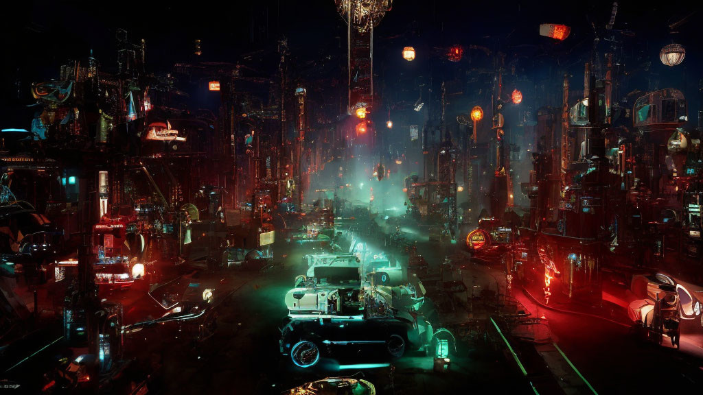 Futuristic neon-lit cityscape with towering structures and flying vehicles