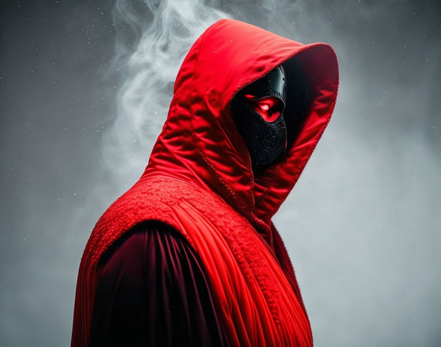 Person in Red Hood with Glowing Red Eyes in Misty Setting