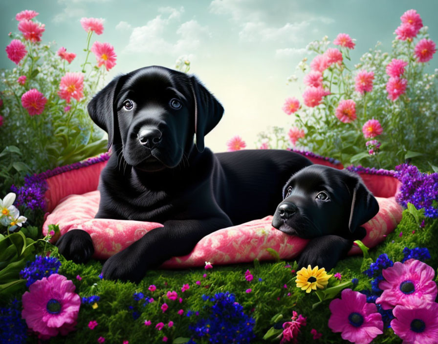Black Labrador Puppies Relaxing in Pink Bed with Colorful Flowers
